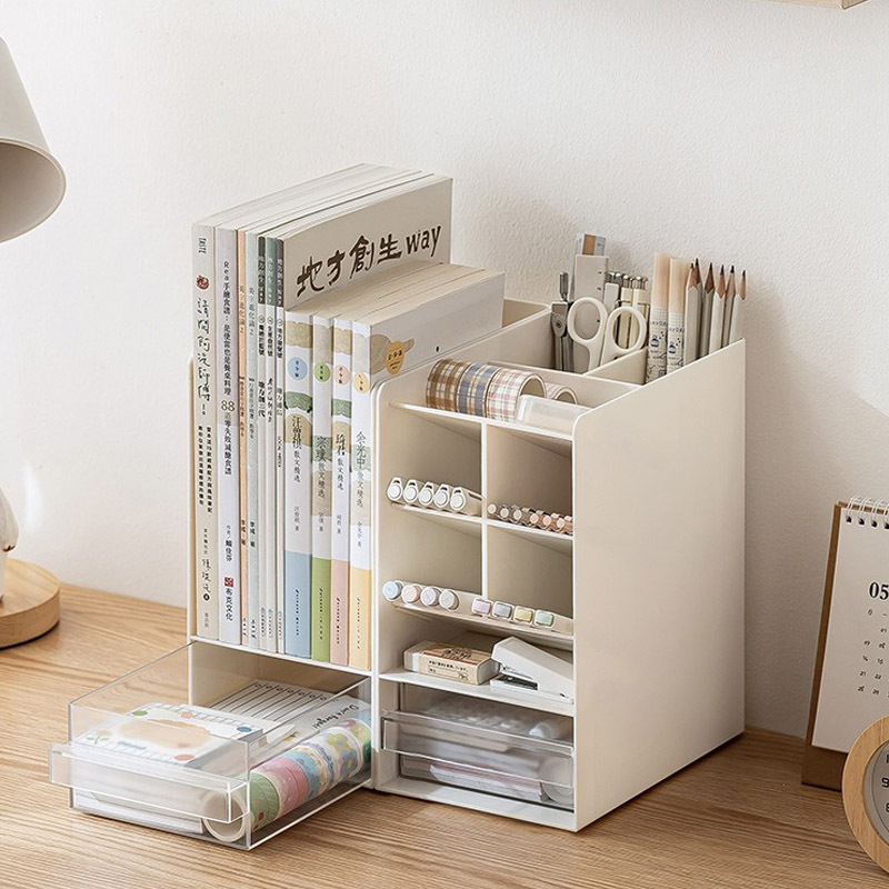 Three-in-one slanted pen holder, office desktop compartments storage box, student desk multi-functional stationery and miscellaneous box details Picture