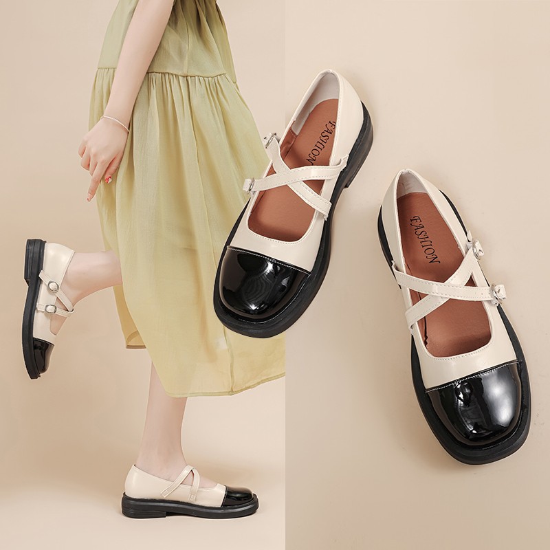 French retro Mary Jane women's shoes for export, thick-soled college style single shoes with cross-buckle and color-blocked large size small leather shoes for women