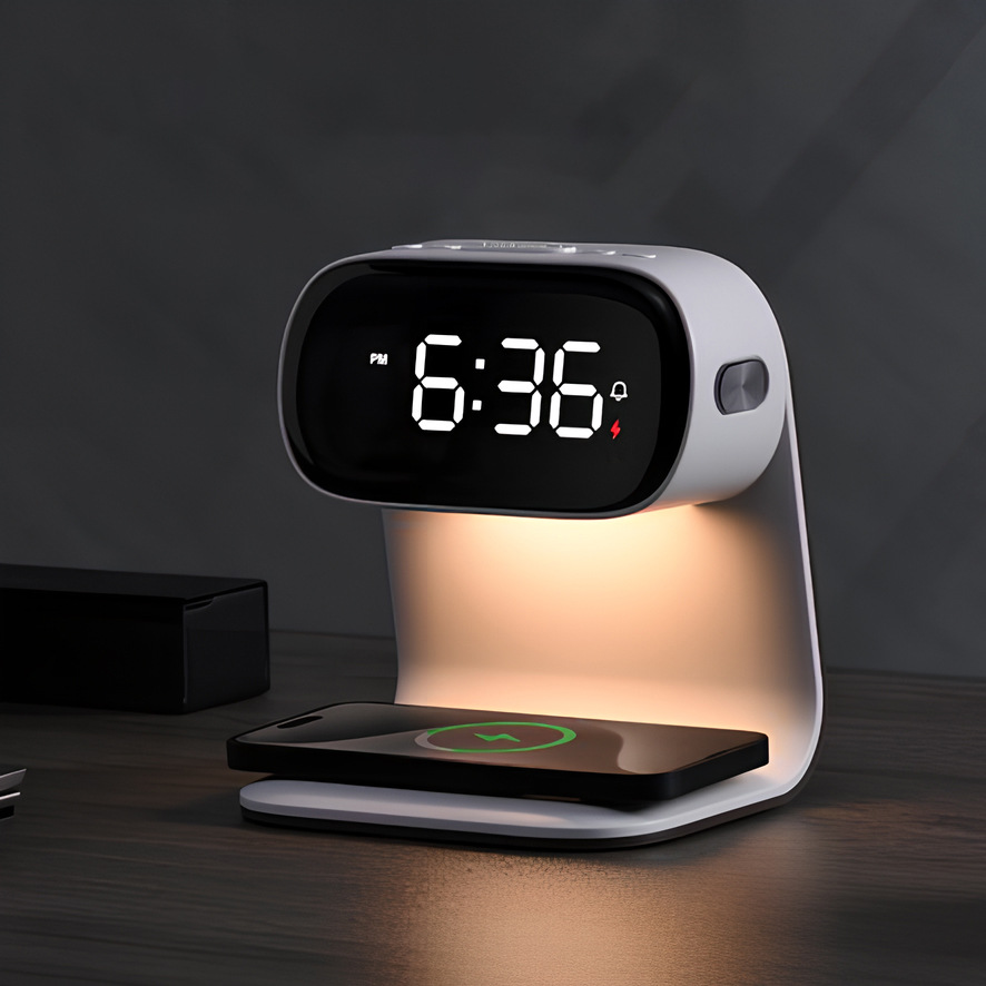 Cross-border 2024 new wireless charging bedside night lamp, 15W fast charging mobile phone earphone charging, alarm clock gift desk lamp full figure