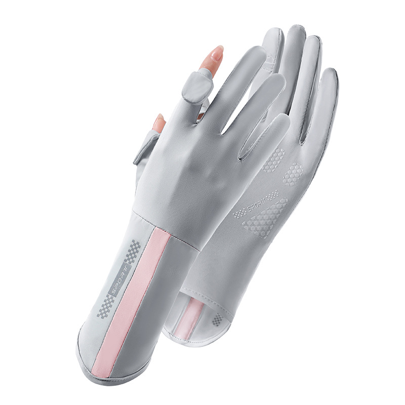Wholesale of thin women's sun protection gloves, summer UV protection, extended cycling, new finger-exposed touch screen ice silk gloves Item Picture