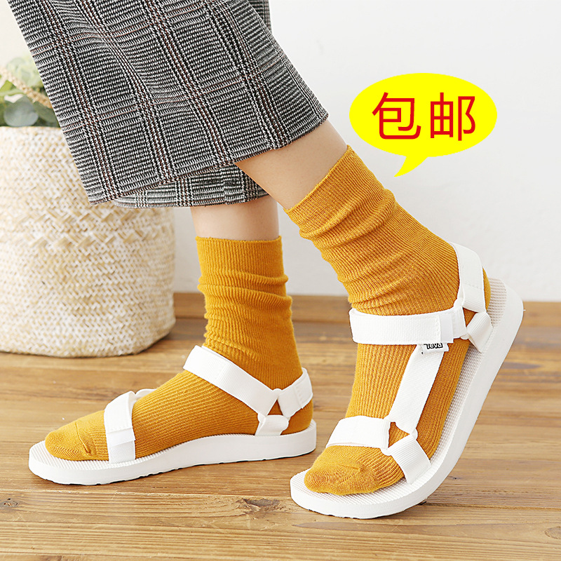 "Pile up socks for women in Japanese autumn and winter, thin vertical striped women's socks, solid color retro forest-style ankle boots, sock covers, long socks.