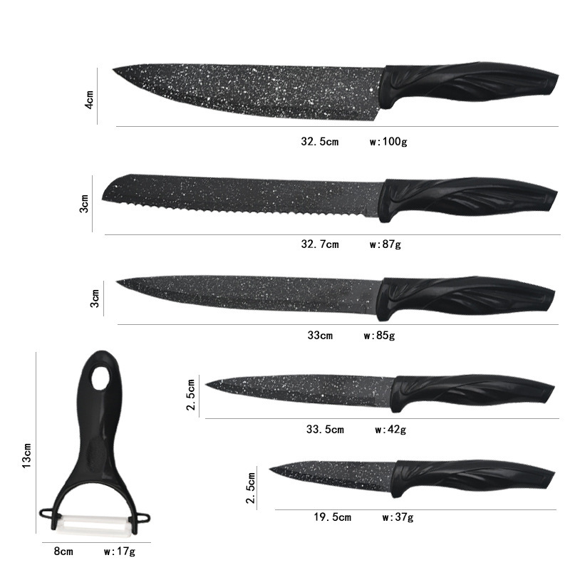 Foreign Trade Non-Stick Spray Paint Knife Tail Handle 6-Piece Knife Black Spray Point Chef Meat Cutter Bread Knife Gift Set Application Scenario