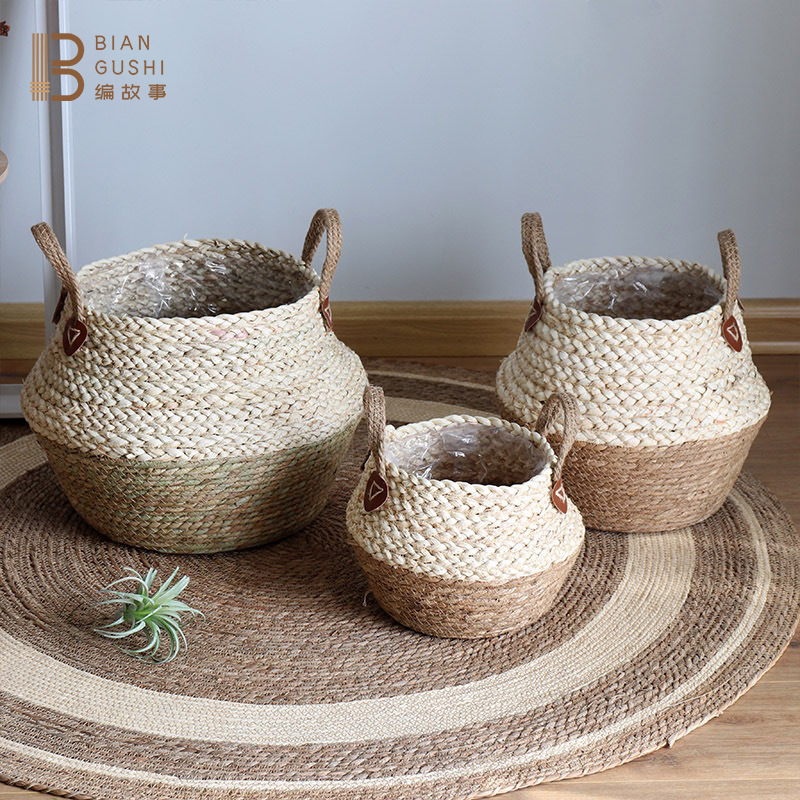 Creative Nordic Rattan Woven Grass Woven Flower Pot Folding Basket Home Green Plant Pot Floor Decoration Storage Basket