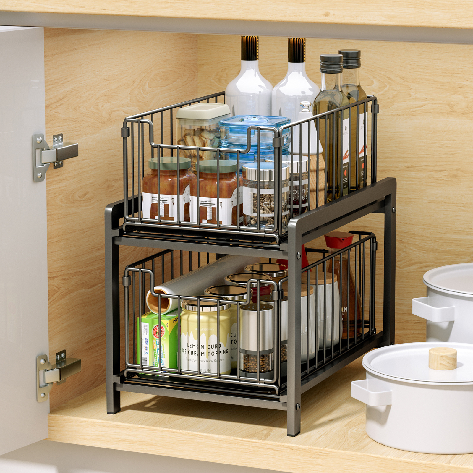 Lower sink storage rack Cabinet storage rack Multi-layer removable pull-out kitchen countertop debris sink storage rack Application Scenario
