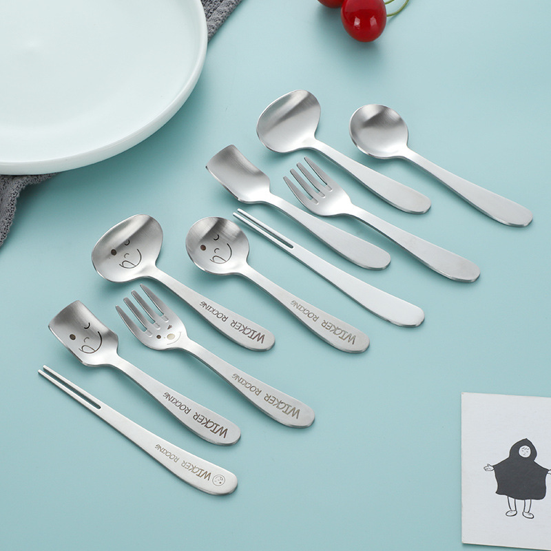 304不锈钢儿童餐具创意笑脸可爱勺子叉子宝宝喂养吃饭汤匙水果叉