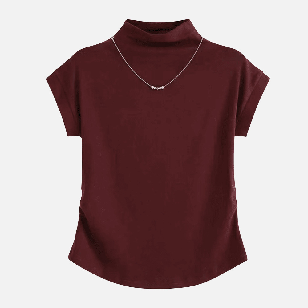 New women's tops for 2025: Semi-high neck women's T-shirt, women's short sleeves, autumn style, straight shoulders, flying sleeves, cinched waist, slimming details Picture