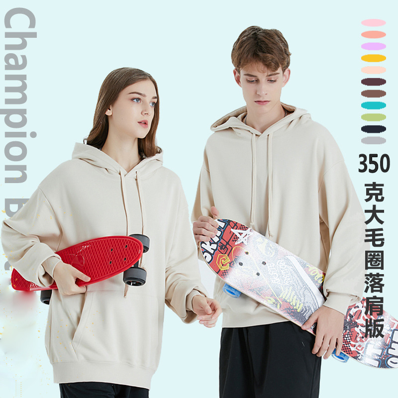 Fashionable and trendy couple solid color 350g oversized drawstring off-the-shoulder hoodie hoodie with printed logo details Picture