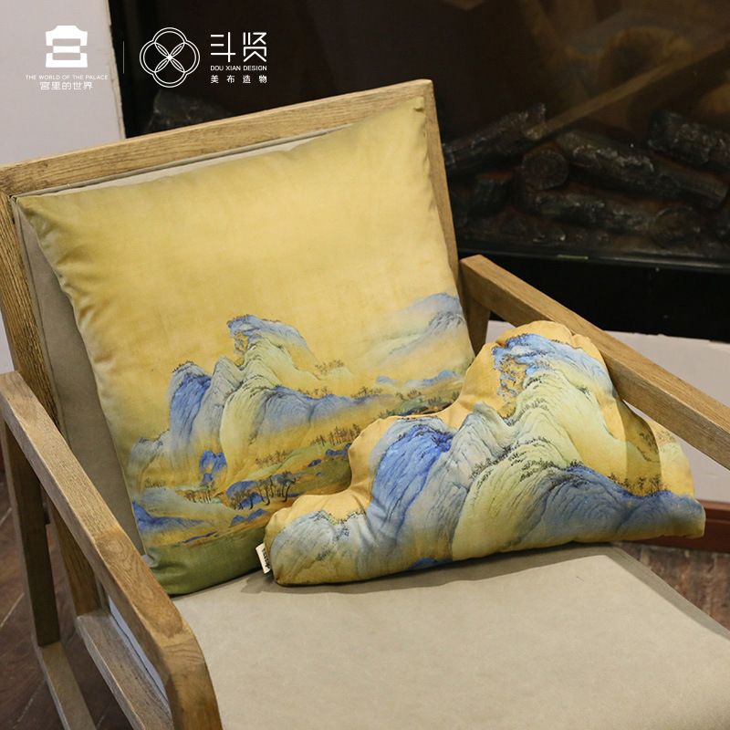 新中式古典传世名画禅意千里江山图绒布沙发抱枕床车枕靠枕靠垫套详情图1