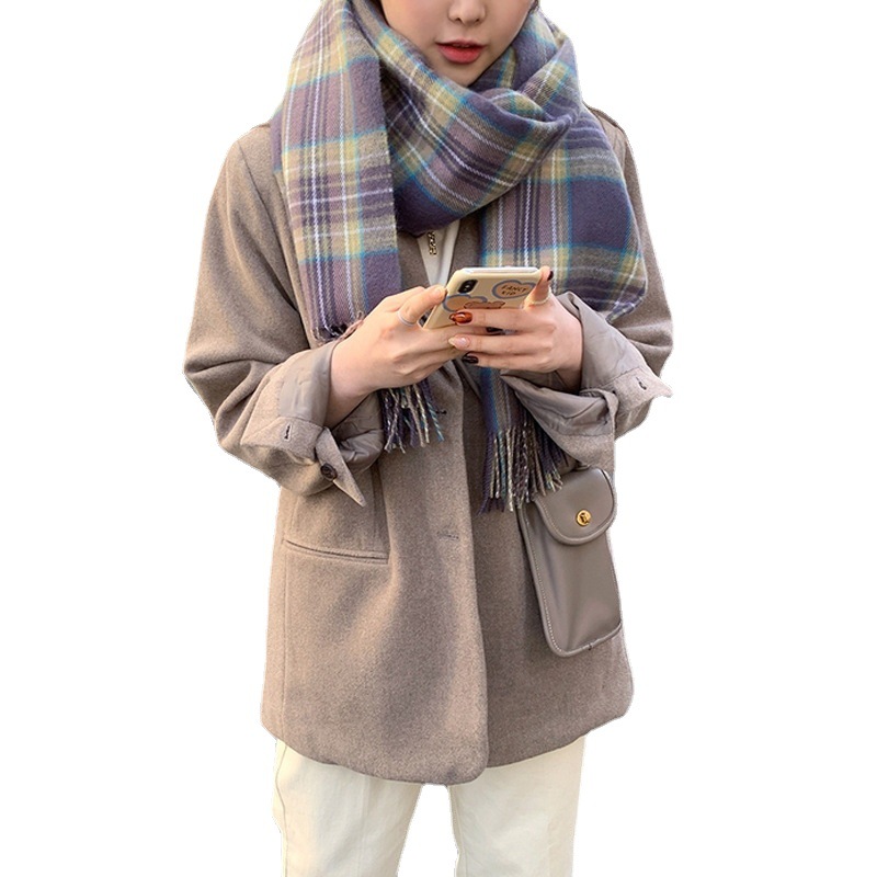 Handai Pink Plaid Scarf Imitation Cashmere Winter Purple Scarf 2022 Autumn And Winter New Wide Scarf Shawl Item Picture