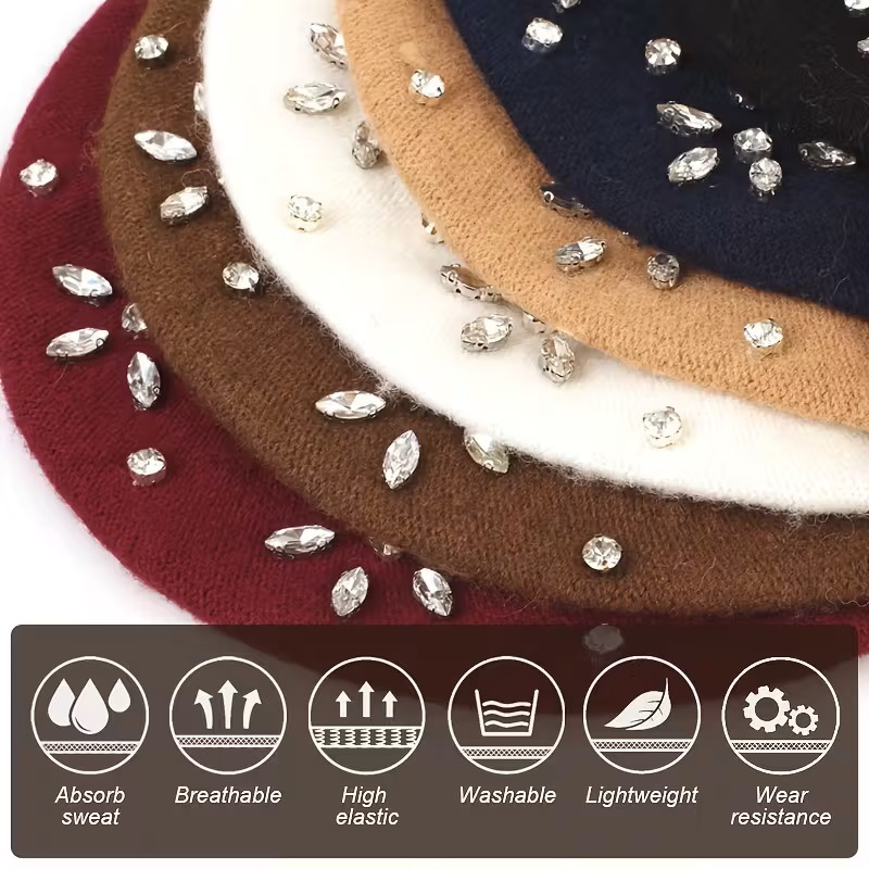 秋冬镶钻羊毛贝雷帽女韩版保暖时尚八角帽英伦复古韩版画家帽潮详情4