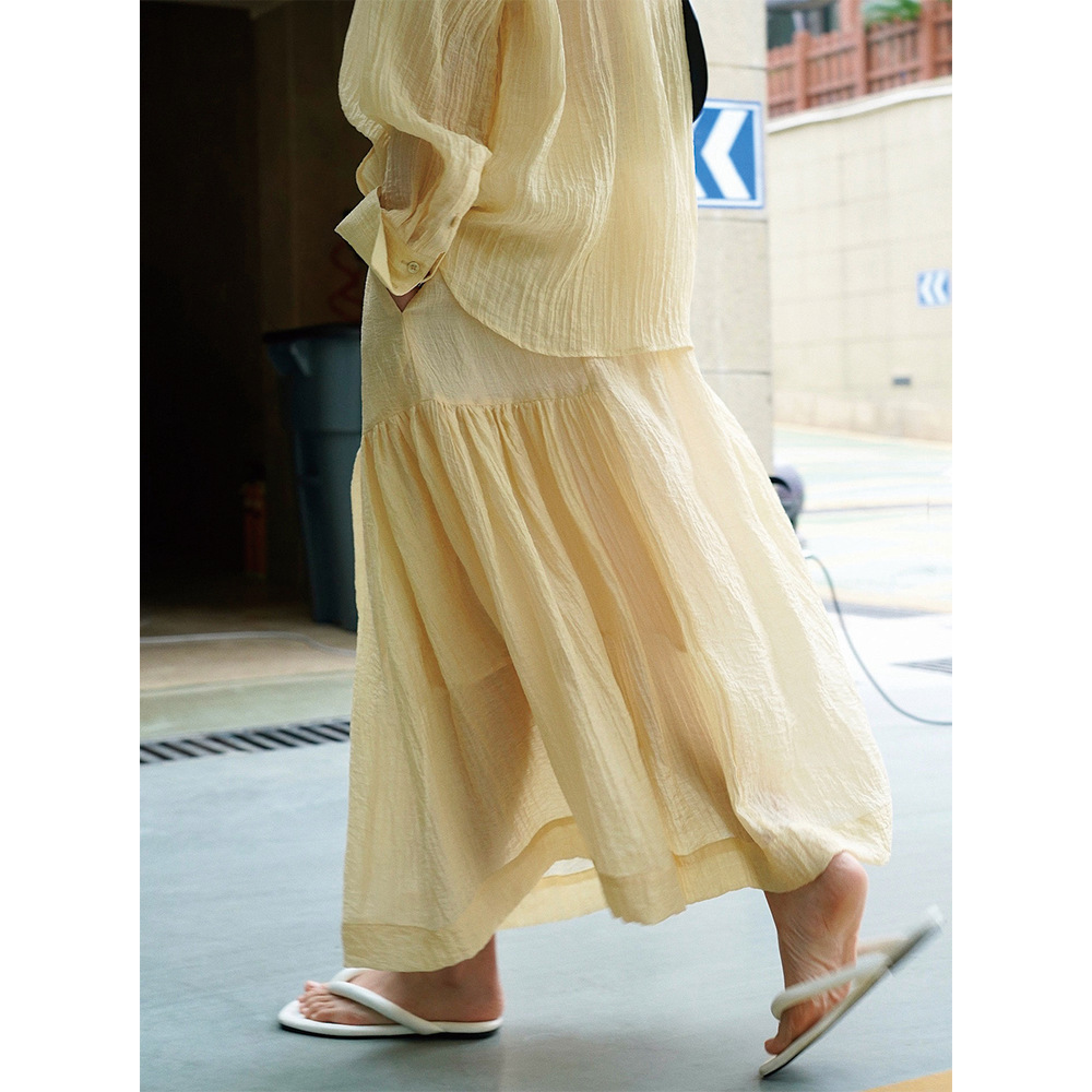 Louvre's new summer Korean style romantic and fashionable stretched-tight high-waisted pleated skirt, wide-hem flower bud A-line skirt, long dress for women details Picture