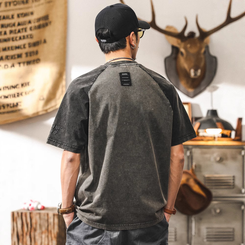 260-gram heavy embroidery loose American retro pure cotton double yarn T-shirt for men, short sleeve, 2025 new style, half sleeve Specification image