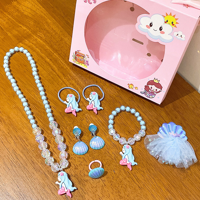 热卖新款美人鱼公主儿童首饰套装发夹耳环项链戒指女童生日礼盒厂细节图