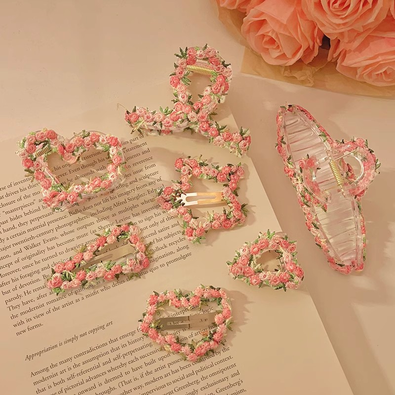 High-end pink flower hairpin for women, 2025 new style sweet heart-shaped BB clip, side bangs hairpin headwear Specification image