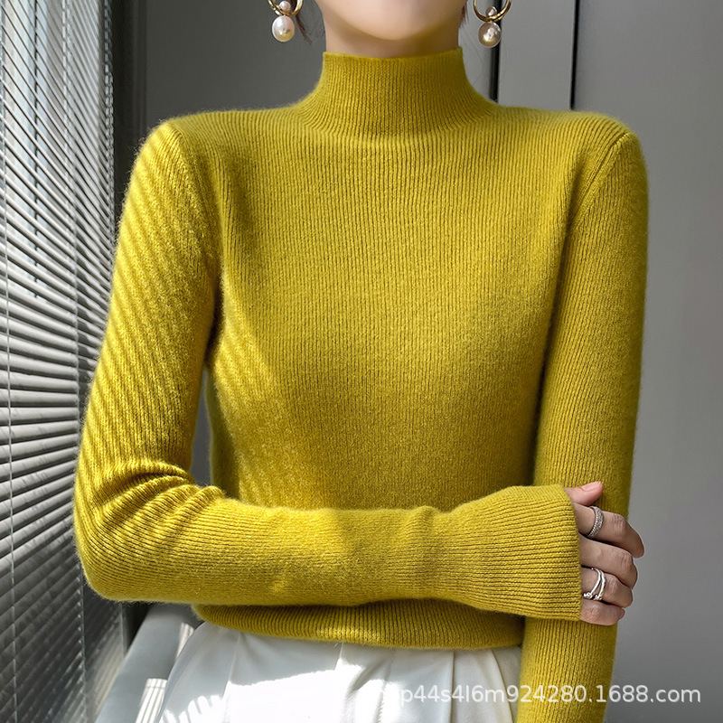 Mid-neck slimming base layer, half-height pullover sweater for autumn and winter, women's long-sleeved sweater, solid color, high elasticity, slimming details Picture