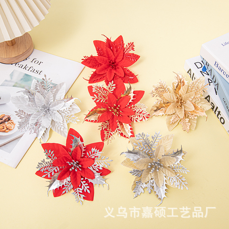 Christmas Flower Gold And Silver Red Three Layer Plastic Flower Powder Three-Dimensional Christmas Flower High-Grade Christmas Flower Source Manufacturers Wholesale details Picture