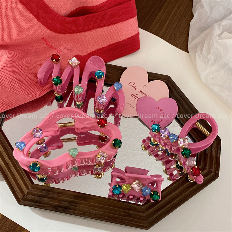 韩国新款复古彩色水钻粉色鲨鱼夹发夹 中古风抓夹网红时尚发饰女