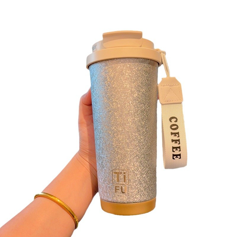Light luxury titanium cup, high appearance level coffee cup, one double-drinking insulated cup, portable straw cup, business gift, gift-giving water cup Item Picture