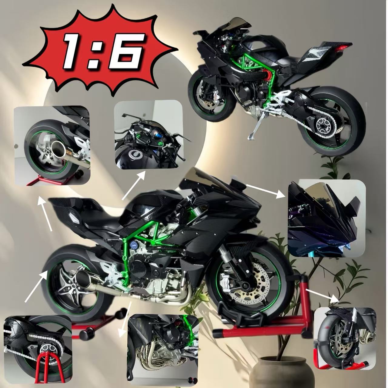 XLG【超大号】打火启动喷雾川崎H2R1：6动态合金摩托车模型摆件详情2