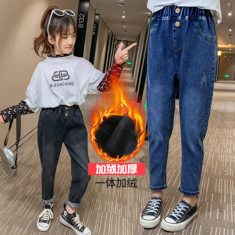 Winter Girls' fleece jeans 2022 New Style Zhongda Children's one-piece fleece Warmth Student stretch Little feet 8 years old 10 details Picture