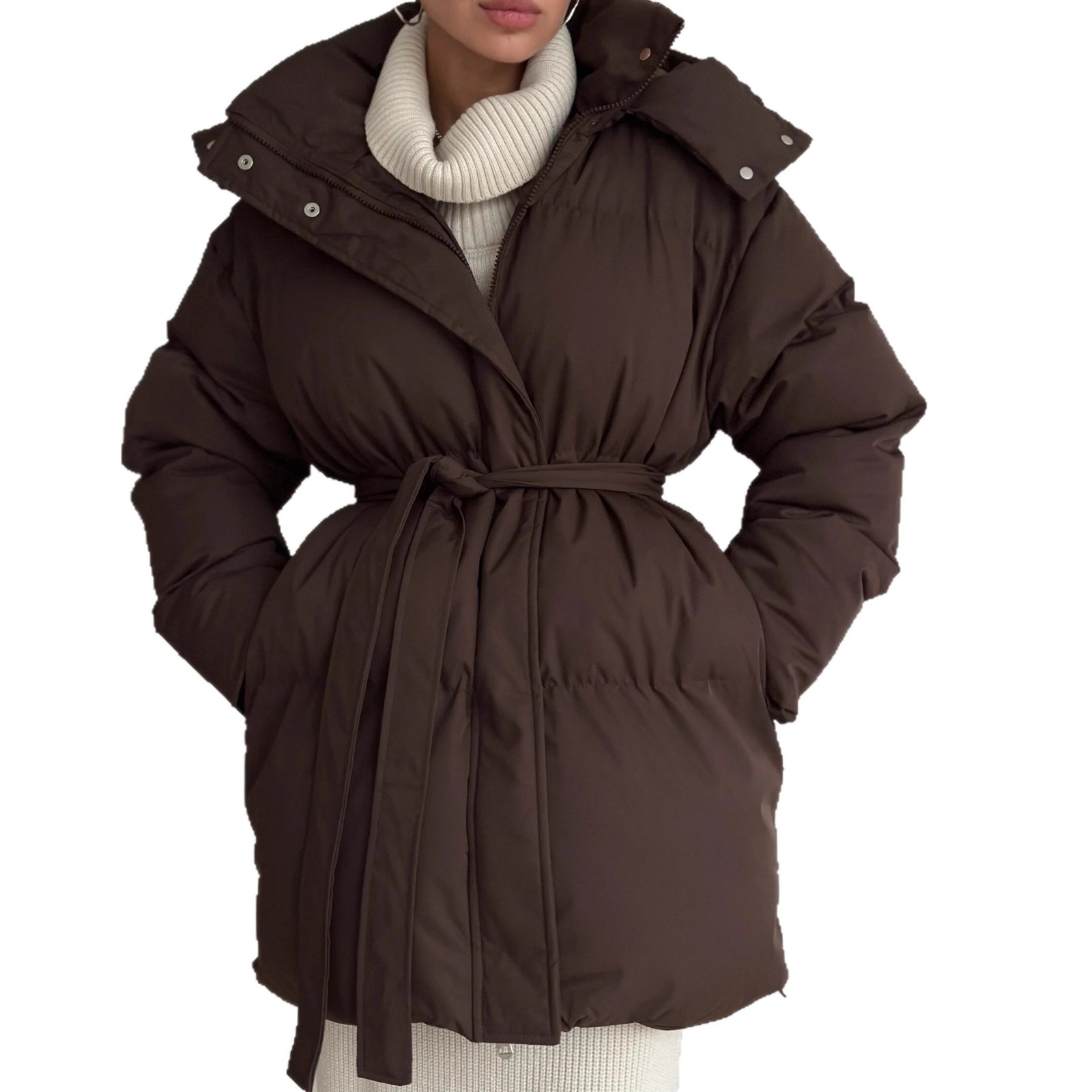 European and American style 2025 casual waist-cinching slimming hooded mid-length bread cotton-padded jacket for women, thickened cotton-padded jacket jacket in brown Item Picture
