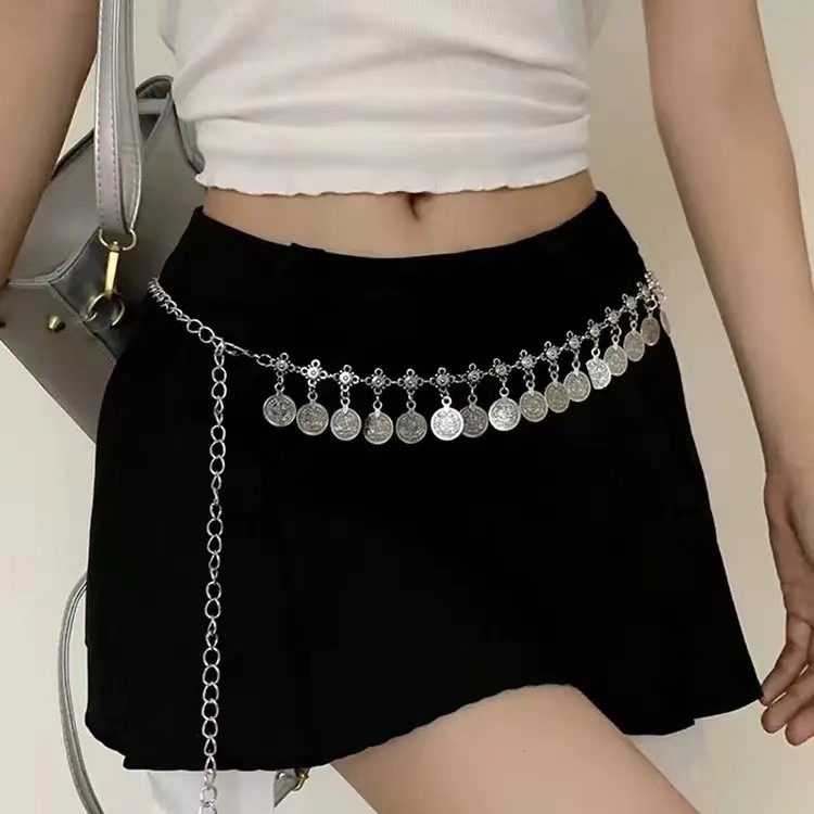Y2K design sense metallic silver waist chain, a versatile and high-end accessory for women on Instagram, ethnic style dress, slimming belt