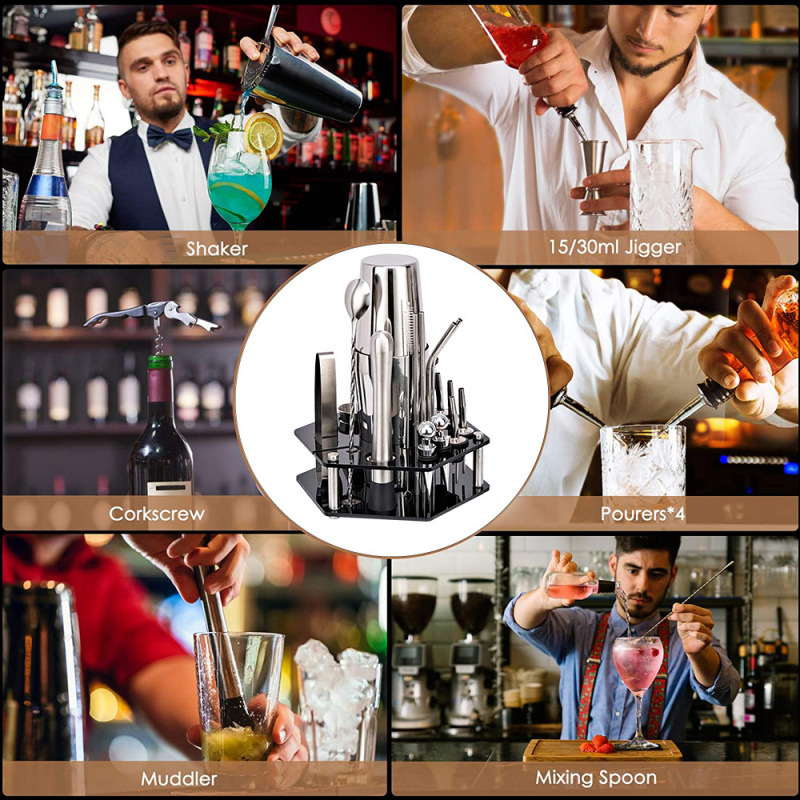 New 19-Piece Stainless Steel Shaker Cocktail Set Rotating Hexagonal Acrylic Bar Set Application Scenario