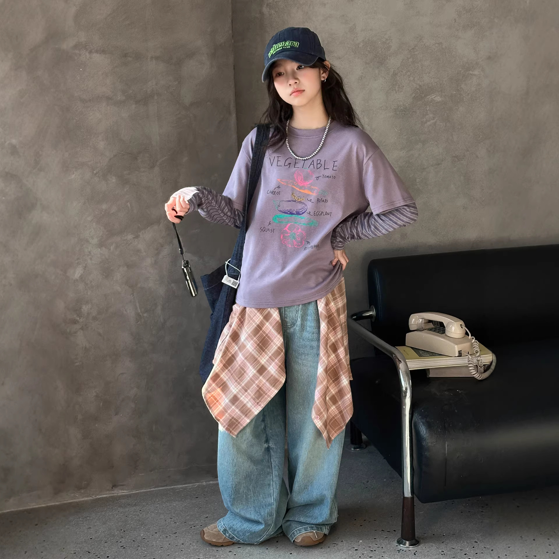 女童春装假两件长袖T恤套装2025新款女孩春季时髦打底衫t牛仔裤潮