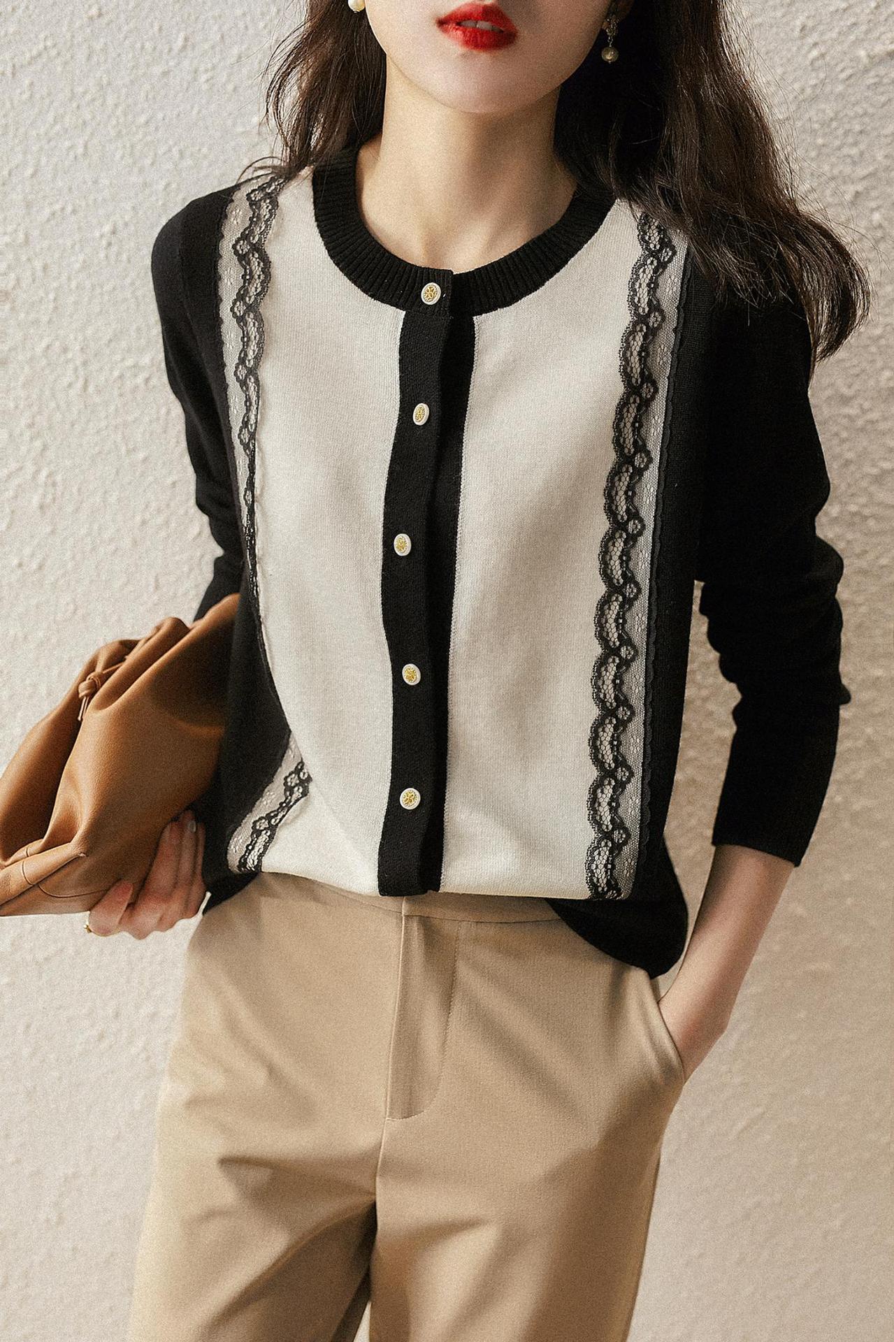 Women's 2022 autumn/winter new sweater, Korean-style long-sleeved top, slimming with lace patchwork and round-neck knitted cardigan