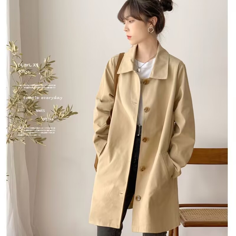 风衣女中长款简约初春秋上衣女韩版宽松学生纯色百搭外套潮女跨境