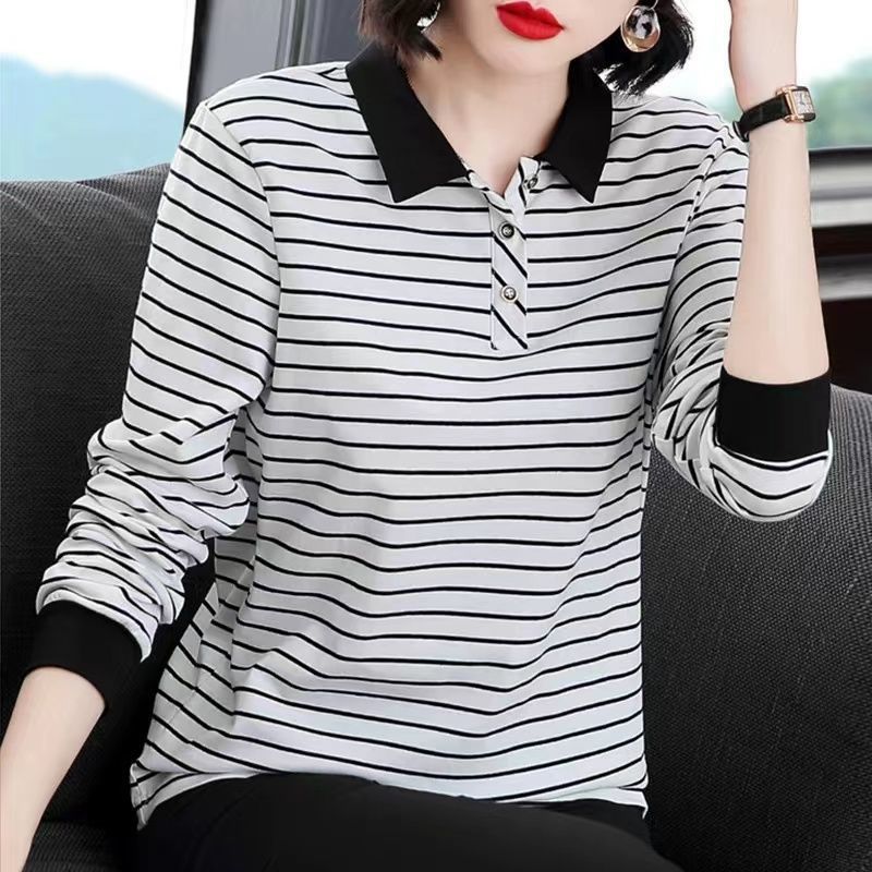 长袖T恤女装2022年秋冬时尚大码打底衫韩版翻领条纹显瘦女式上衣