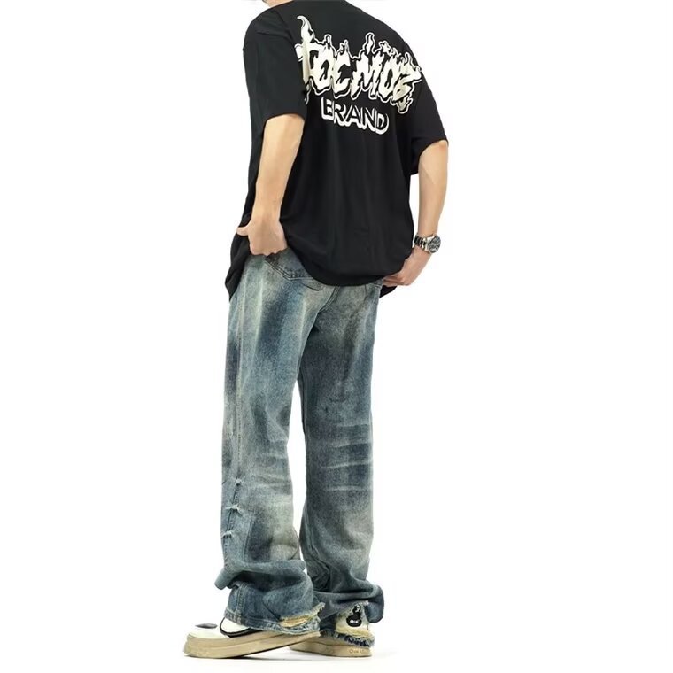 Custom-made American retro distressed straight-leg pants, men's high street tie-dye full figure