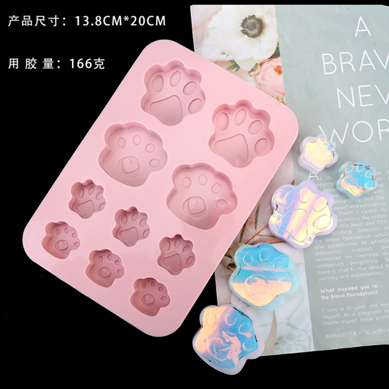 10-piece dog footprint silicone cake mold, cat paw handmade soap mold, cold-made soap, baby food candle mold, and epoxy resin mold