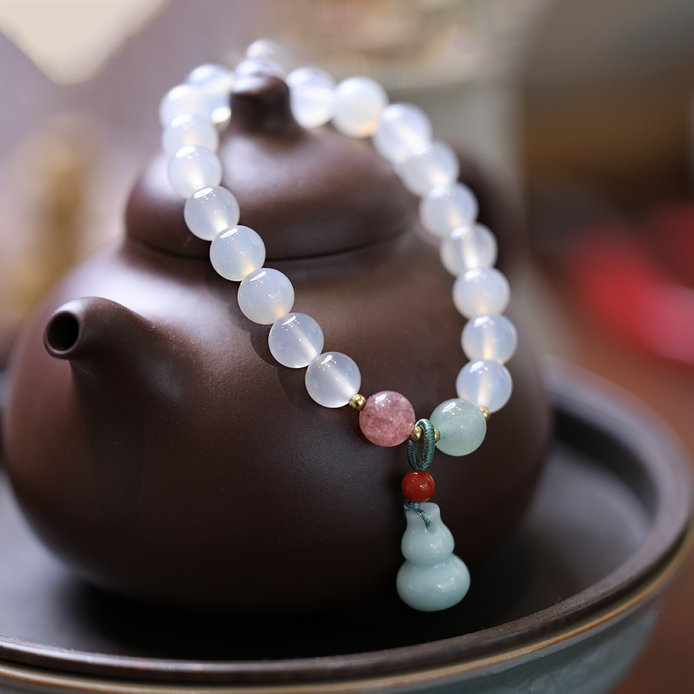 Natural 8MM white agate bracelet, women's pendant, jade gourd, blessing and fortune jade bracelet, best friend gift wholesale Item Picture