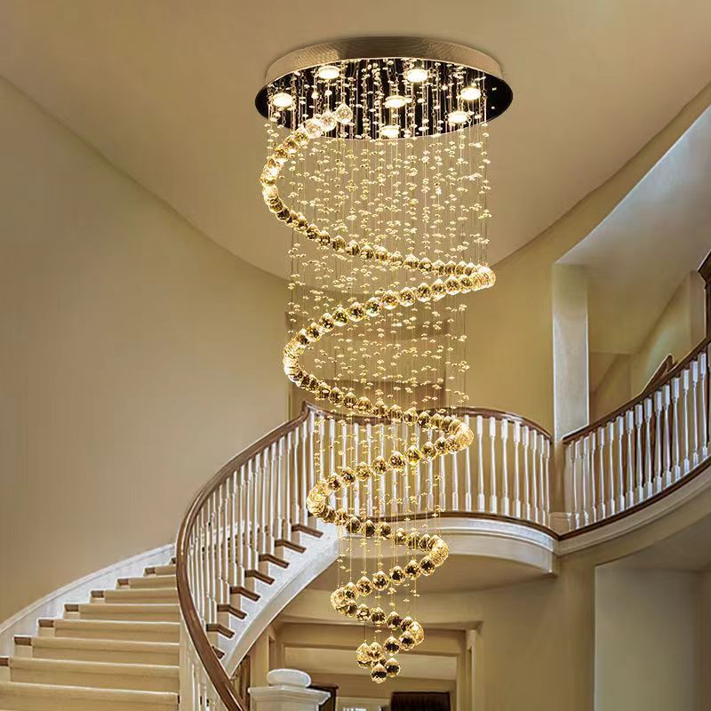 Modern and simple duplex, home staircase, crystal chandelier, living room lamp, villa, round and long details Picture