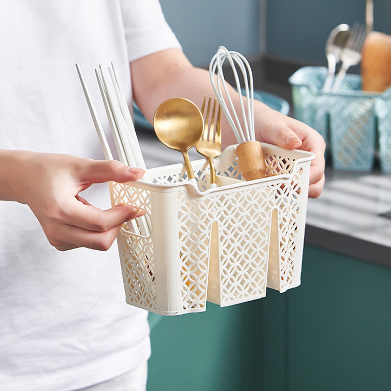 In-stock chopstick cage, household countertop, water-draining plastic double-compartment, kitchen chopstick holder, no need for drilling, tableware storage details Picture