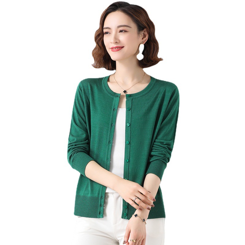 Moda mujer cuerpo estilo delgado manga larga cuello redondo mujer vestido de verano holgada versión coreana top hielo seda punto cardigan Item Picture