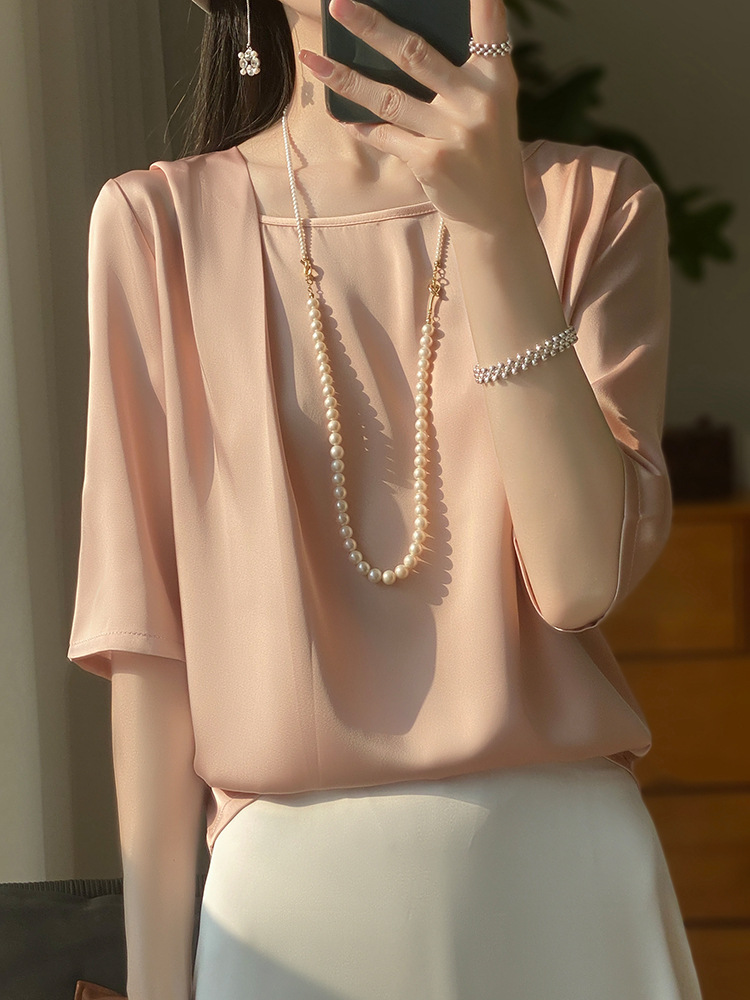 Summer New Ice Silk Short-Sleeved T-Shirt Women's Five-Quarter Sleeve Small Shirt Wearing Temperament Loose Clothing Ladies Silk Blouse details Picture