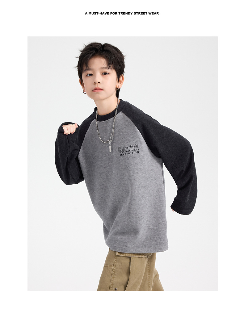 男大童冬季撞色双面绒打底衫2025新款儿童装男孩保暖内搭长袖t恤详情2