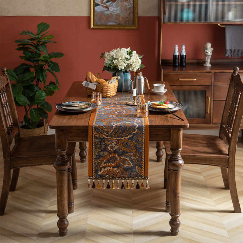 American retro table flag, woven jacquard with ethnic style, cashew tassels, home polyester tablecloth, table flag, bed tail flag, cover cloth details Picture