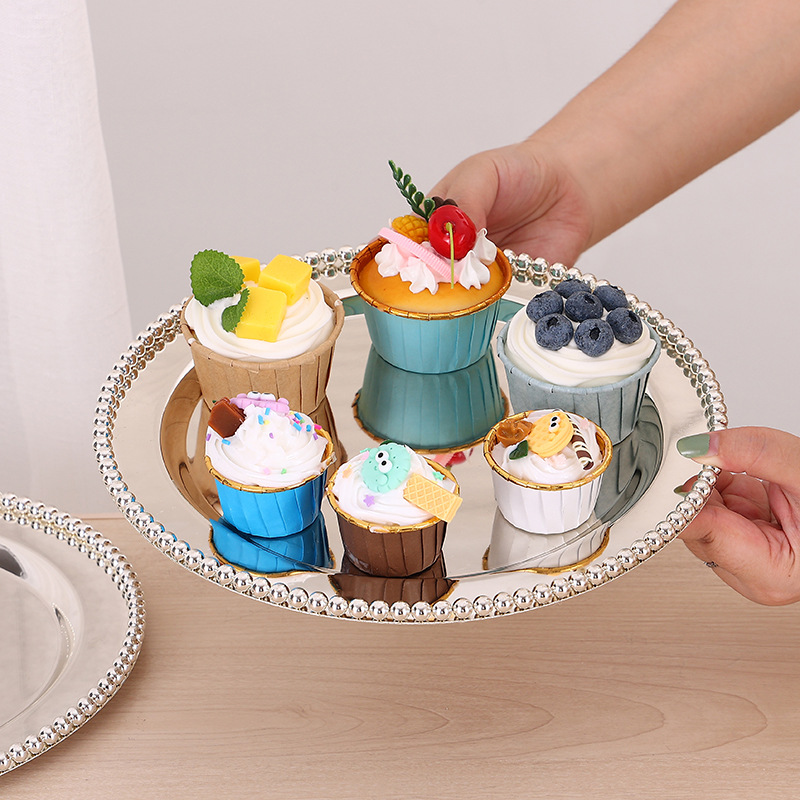 European High-End Metal Bead Point Cake Plate Home Creative Fruit Plate Round Dessert Plate Afternoon Tea Dessert Table Specification drawing