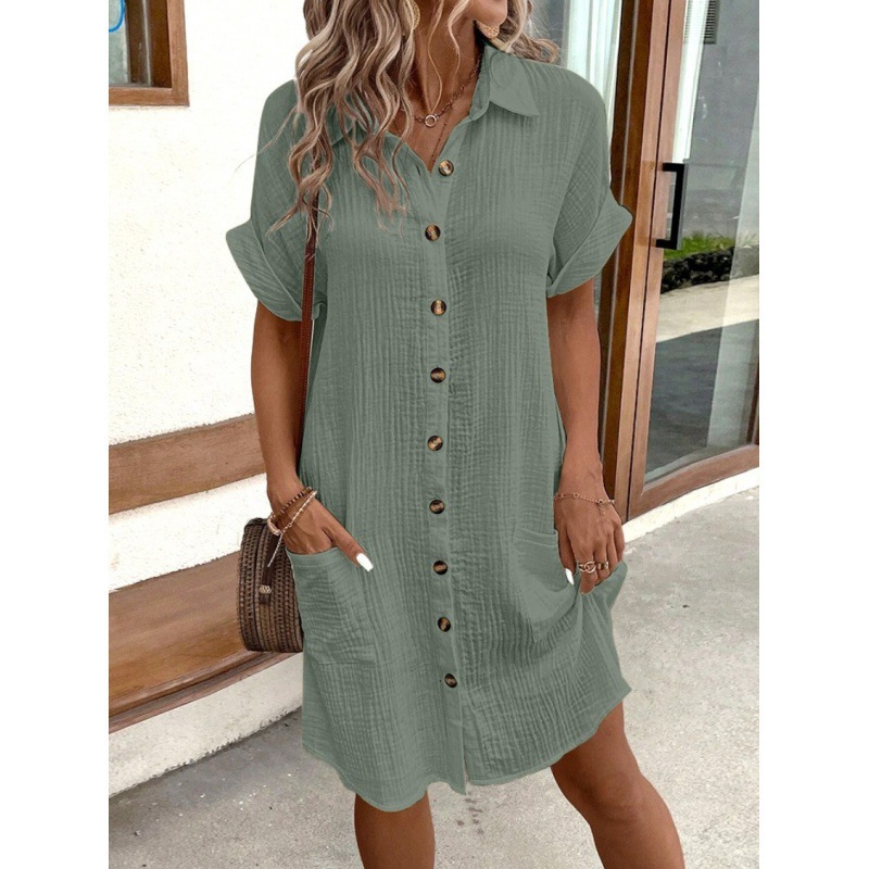 In 2025, AliExpress wish Amazon's best-selling summer simple V-neck button cotton and linen dress women's shirt dress details Picture