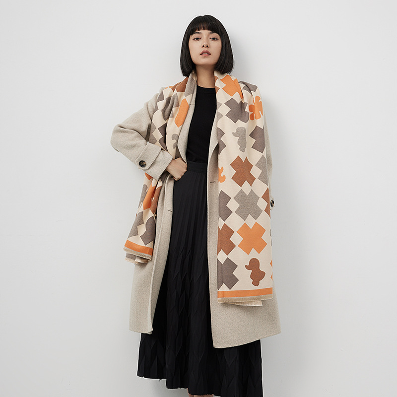 Autumn And Winter New Scarf Women's Shawl Fashion Fork Print Korean Version Small Clear Collar Thick Imitation Cashmere Fringe Specification drawing