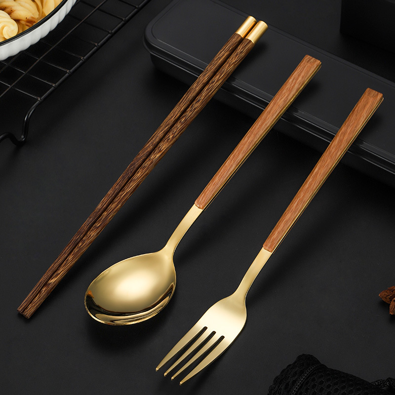 Stainless Steel Portable Tableware Creative Imitation Wood Grain Fork Spoon Chopsticks Portuguese Spoon Fork Chicken Wings Wooden Chopsticks Three-Piece Set details Picture
