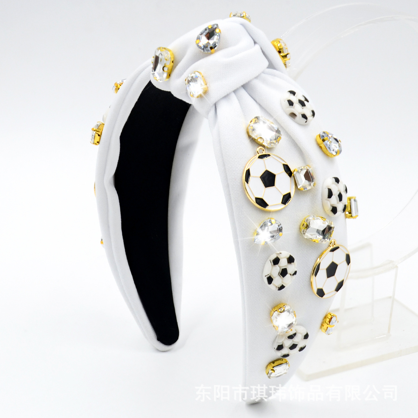 Qiwei Accessories' exclusive cross-border new ball game headband fabric wide edge knot paired with water diamond football oil drip accessories is a fashionable and versatile hair accessory Specification image