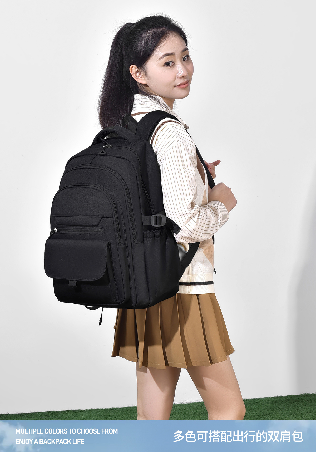 纯色百搭学生书包双肩包15.6寸牛津布初高中大学生背包休闲旅行包详情5