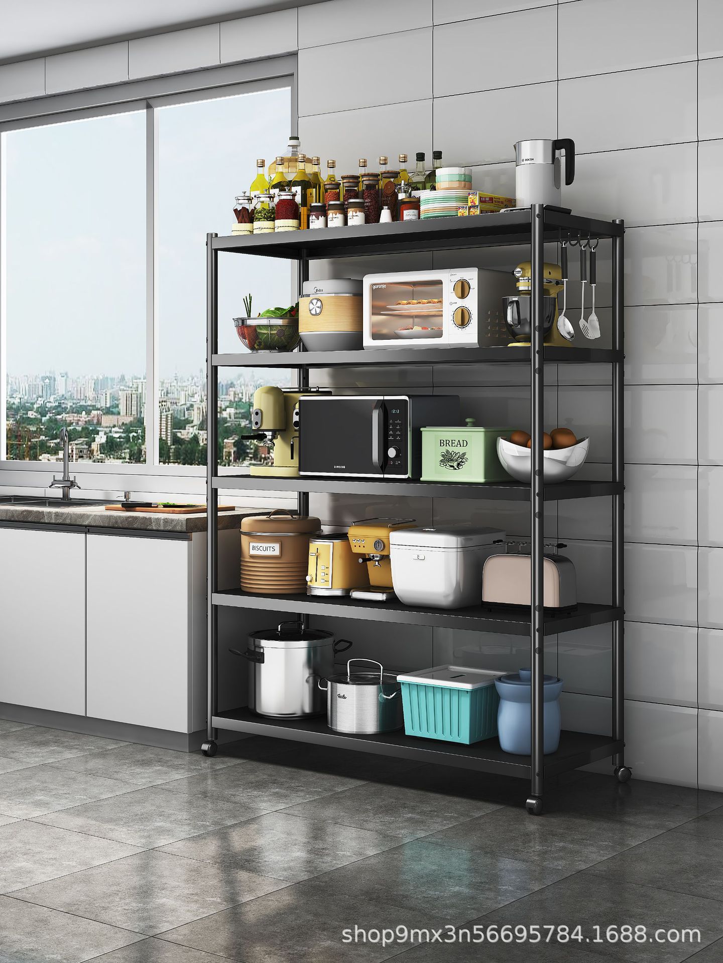 加厚碳钢厨房置物架落地式可调多层收纳多功能微波炉烤箱储物架子