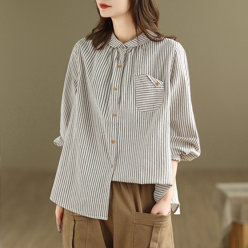 Artistic cotton and linen striped long-sleeved shirt for women, loose 2024 autumn new style plus-size top, loose and slimming shirt for women Specification image