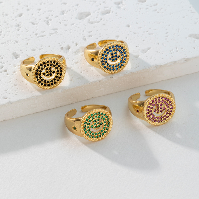 外贸速卖通款微镶满锆个性潮笑脸微笑开口戒指INS网红开口戒指女