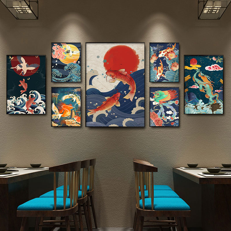 国潮锦鲤挂画饭店餐饮店烤鱼店墙面馆火锅店鲤鱼挂画麻辣烫装饰画